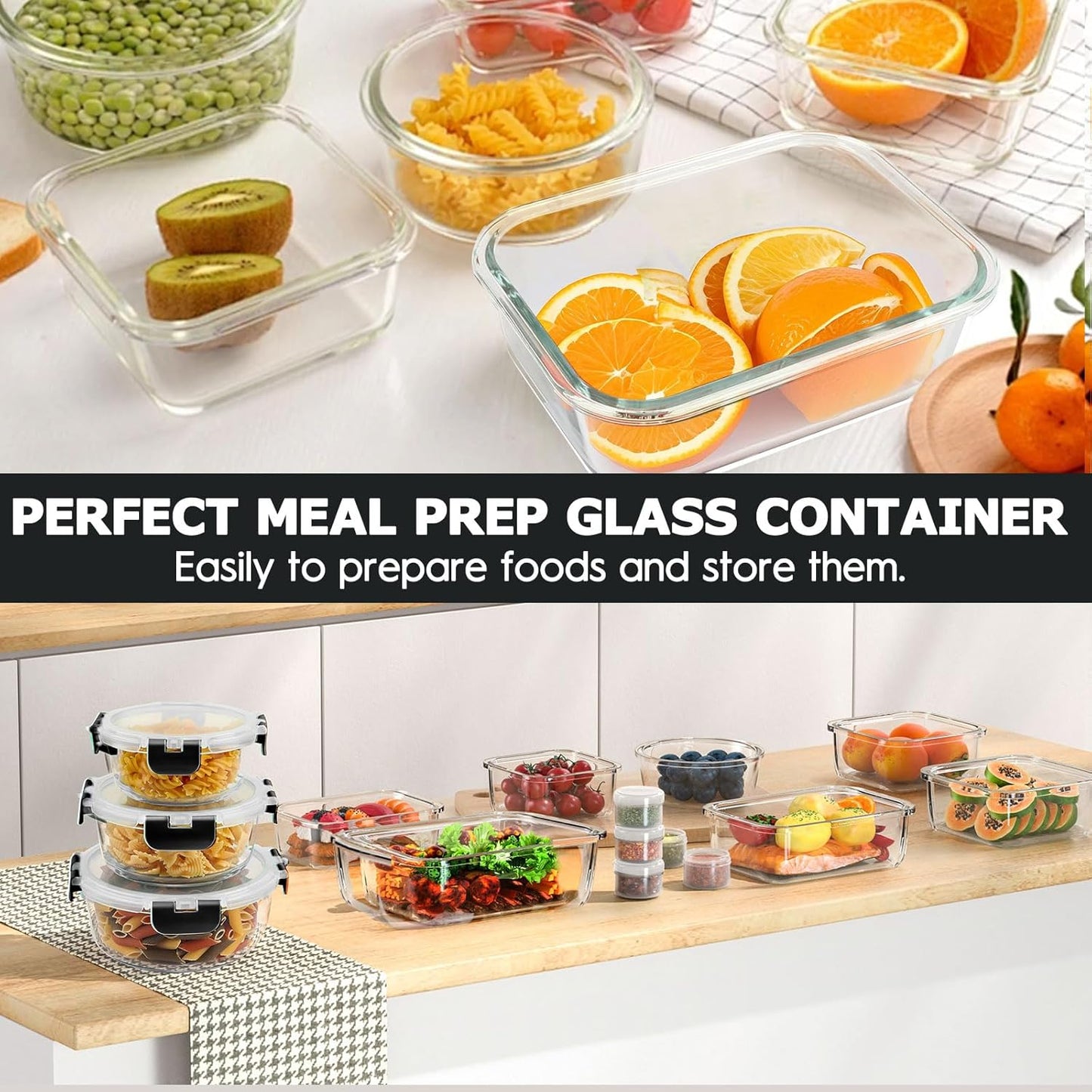 42pcs Glass Food Storage Containers with Snap Locking Lids Set, Glass Meal Prep Containers (21 Container & 21 Lids),Leak Proof Lunch Containers BPA-Free,Black