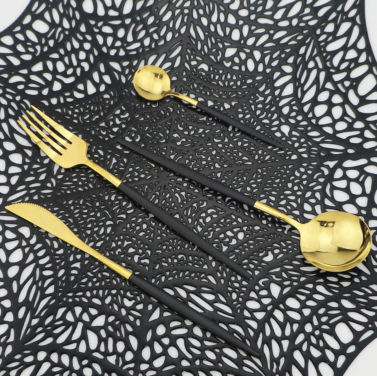 Shiny Silverware Sets, 24-Piece Elegant Cute Black Handle Gold Cutlery set,304 Stainless Steel Silverware Set for Eating Home Kitchen Hotel Restaurant, Sets for 6 People, Dishwasher Safe