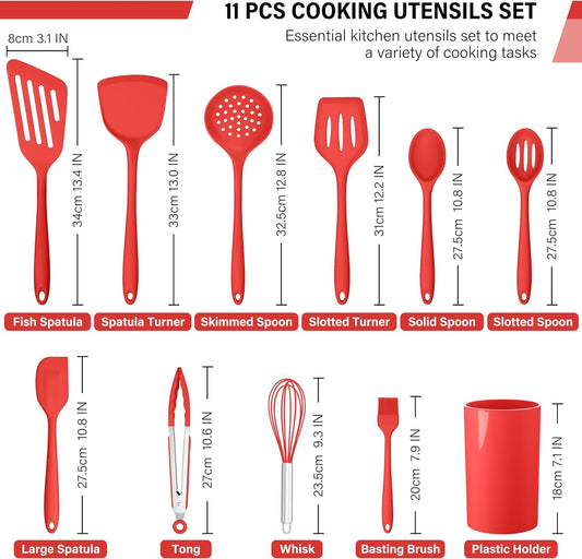 HaWare 11 PCS Silicone Cooking Utensils Set, Heat Resistant Kitchen Utensils with Holder, Food-grade Spatula Sets for Nonstick Cookware, Kitchen Tools Gadgets Include Fish Turner, Spoon (Red)
