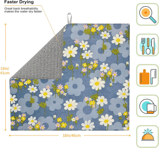 Daisy Flowers Dish Drying Mat for Kitchen Counter, 16"x18" Microfiber Absorbent Fast Dry Mat, 2Pcs Dish Mat Faucet Mats Sets, Large Drying Kitchen Mat Kitchen Drying Pad Coffee Bar Decor Gifts