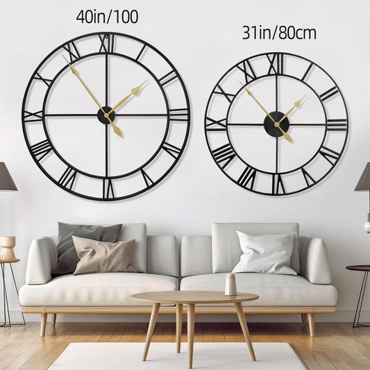 LEIKE 40 Inch Extra Large Modern Wall Clock, Oversize Rustic Round Nearly Silent Battery Operated, Black Metal Roman Numerals Wall Clocks for Living Room, Bedroom, Entrance Home Decor
