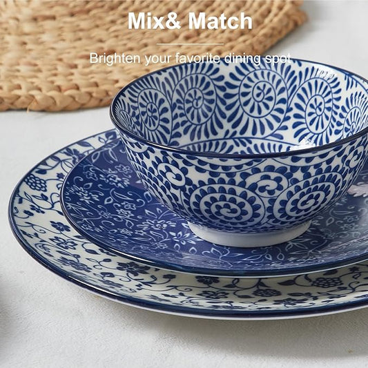 ONEMORE 12 Piece Ceramic Dinnerware Set for 4, Vintage Blue Stoneware Plates & Bowls Set - Scratch Resistant, Microwave, Dishwasher & Oven Safe, Everyday Family Meals