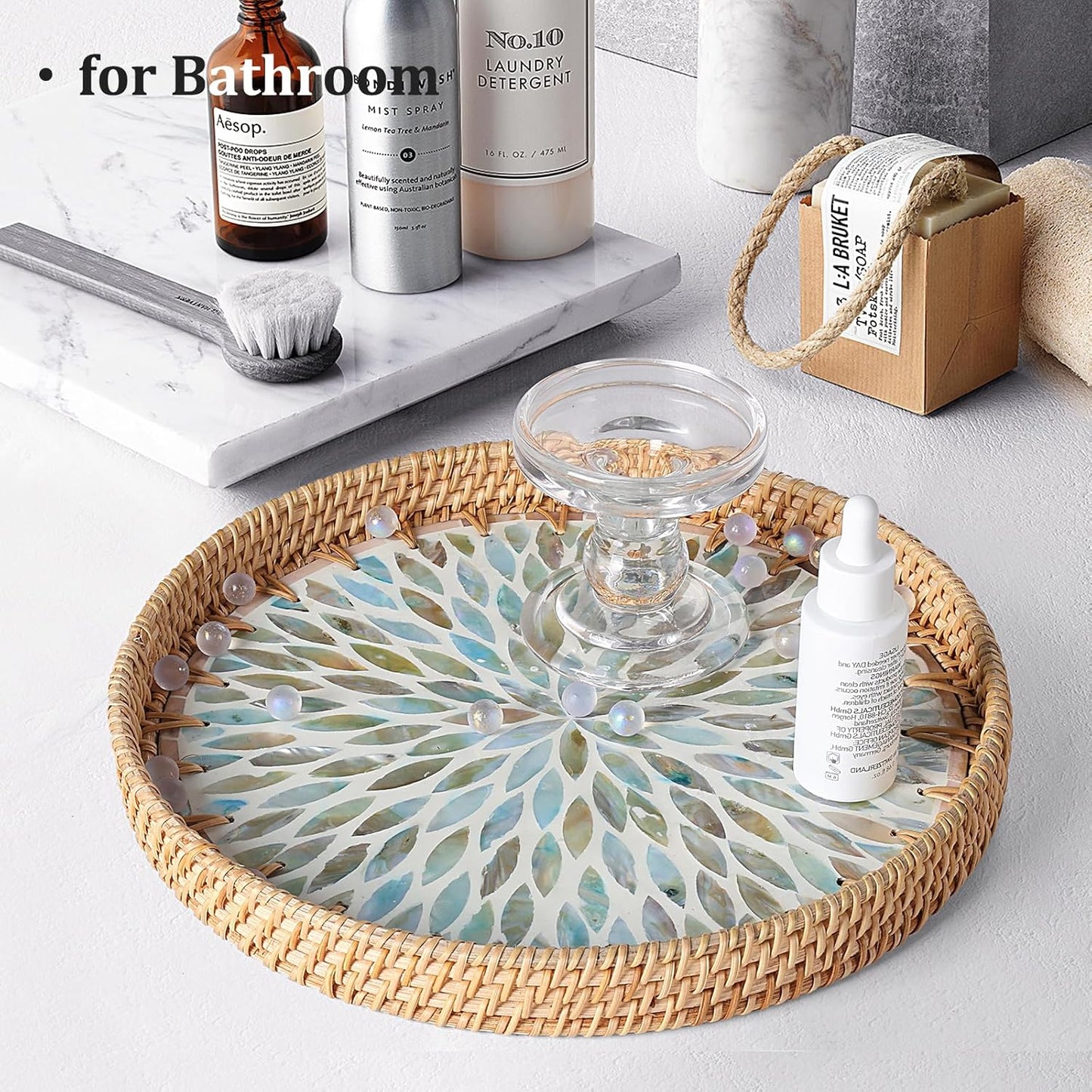 Round Rattan Tray with Mother of Pearl Inlay, Rattan Serving Tray for Coffee, Bread, Fruits, Decorative Wicker Tray for Table Decor, Home Decor, Kitchen Island Decor (Ambilight, 11.8")