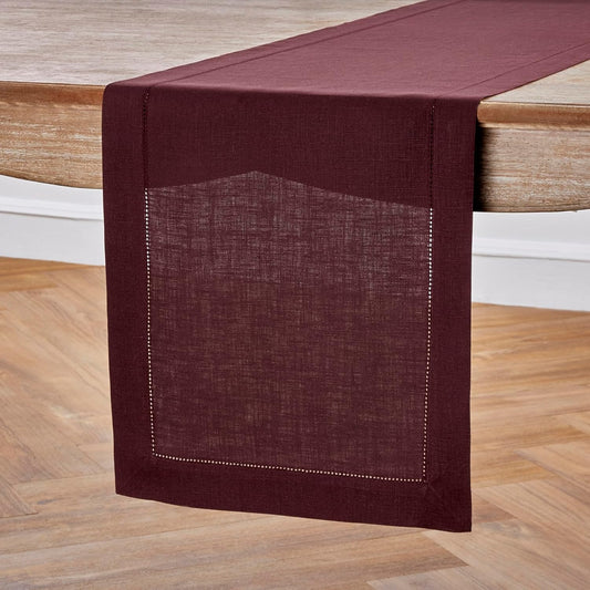 Solino Home Linen Burgundy Table Runner 132 Inches Long - 100% Pure Linen Extra Long Table Runner 14 x 132 Inch for Fall, Autumn, Thanksgiving, Christmas - Classic Hemstitch
