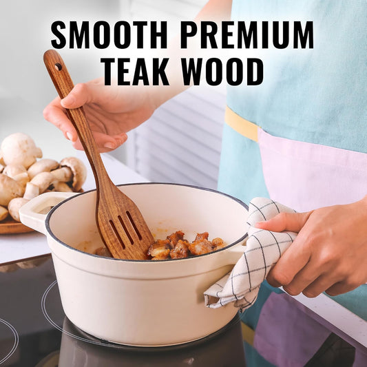 Zulay Kitchen Teak Wood Slotted Spatula – Durable & Heat-Resistant Cooking Utensil for Non-Stick Pans – Wooden Turner for Stirring, Flipping & Serving - Brown