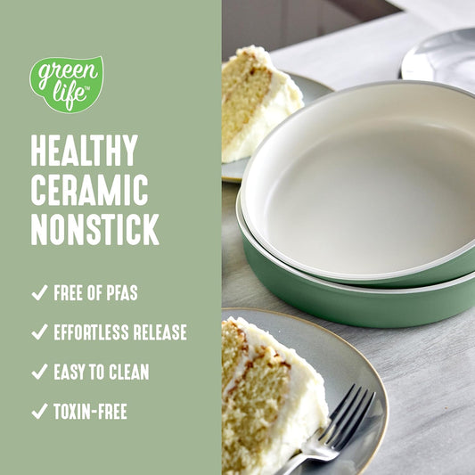 GreenLife 6 Piece Nonstick Bakeware Set, Non-Toxic PFAS-Free Ceramic Oven Pans, Dishwasher & Oven Safe to 450°F, Easy Release Baking Sheet, Loaf Pan, Rectangle & Round Cake, Muffin Pan, Sage