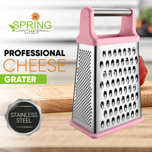 Spring Chef Professional Stainless Steel XL Parmesan Cheese Grater with Handle - 4 Sided Box Grater for Kitchen - Dishwasher Safe Carrot Shredder for Potato, Vegetables, Ginger - Pink Lemonade