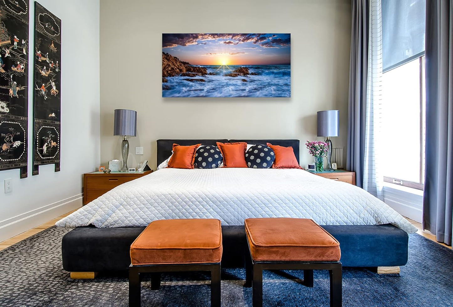 Muolunna BK05850 Wall Art Decor Canvas Print Picture Sunset Blue Ocean 1 Panel Sea Waves Scenery Painting Artwork for Office Wall Decor Home Decoration Stretched and Framed Ready to Hang 20x40inch