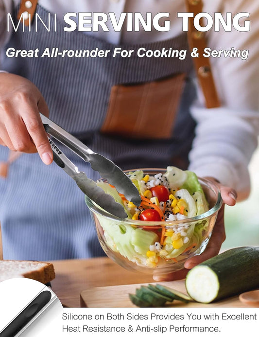 Anaeat 3 Pack 7" Mini Stainless Steel Cooking Tongs - Sturdy Coiled Spring Locking Kitchen Food Tong with Non-Slip Silicone Grip for Serving, Cooking, Baking - Heat Resistant up to 480°F (Black)