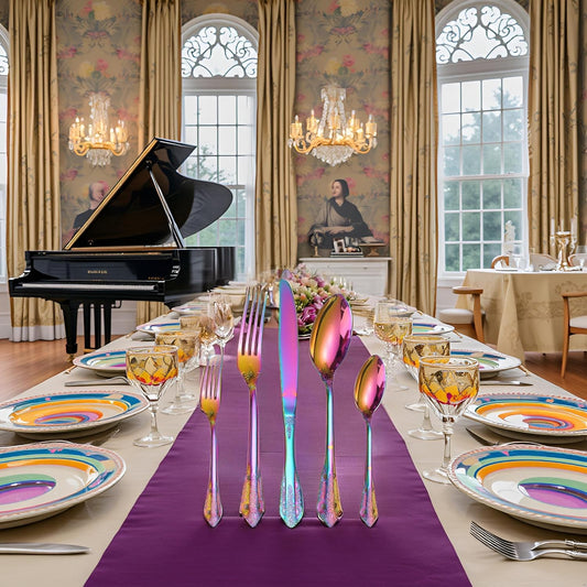 Rainbow Royal Silverware Set for 8 Stainless Steel Flatware 40 Pieces with Unique Antique Floral Design Colorful Heavy Durable Kitchen Daily Use Festival Parties