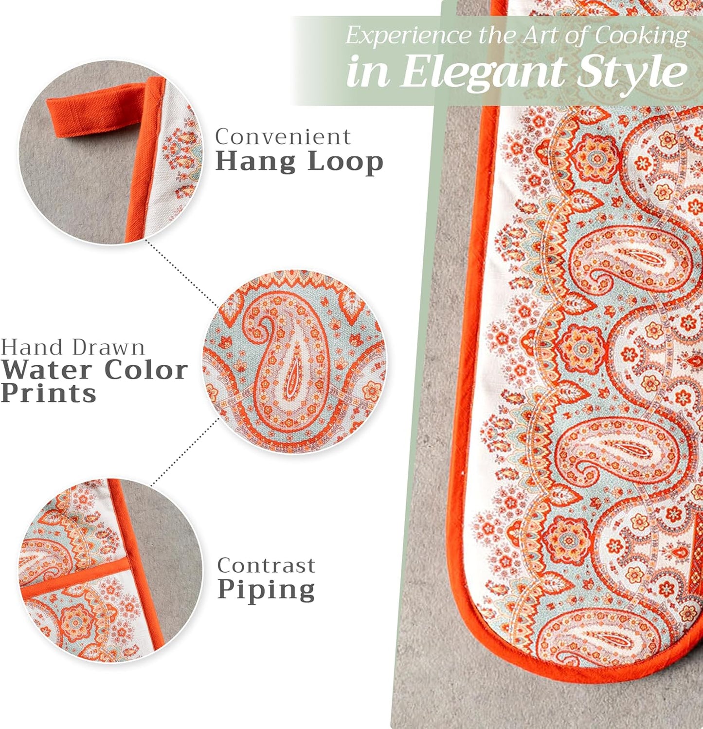 Maison d' Hermine Double Oven Mitt (7" x 35") 100% Cotton Heat Resistant BBQ Cooking Gloves with Loop for Thanksgiving Christmas Decorations Baking Cooking Barbeque Handling Hot Pan (Cachemire)