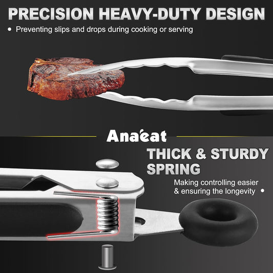 Anaeat 3 Pack 7" Mini Stainless Steel Locking Tongs - Sturdy Coiled Spring Kitchen Food Tong with Non-Slip Silicone Tips and Grip for Serving, Cooking, Baking and BBQ - Heat Resistant Metal Tongs