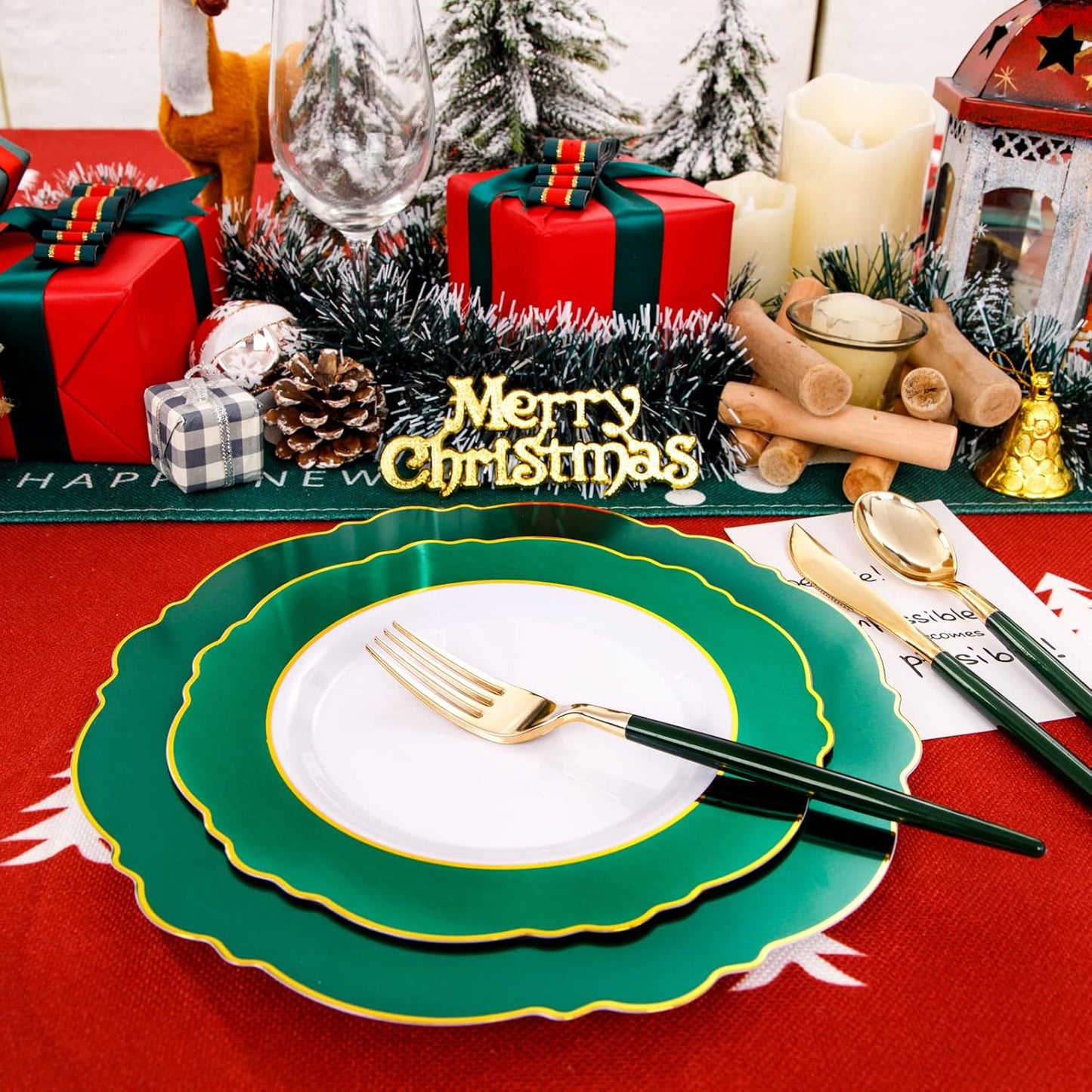 WDF 30Guest Christmas Plates Disposable - Gold Plastic Silverware With Green Handle - Christmas Plastic Plates - Baroque Green &Gold Plastic Dinnerware for Christmas Plates Party