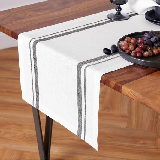 Solino Home Linen Table Runner 72 Inches Long - 100% Pure Linen Black and White French Stripe Table Runner 16 x 72 Inch for Dining, Dresser, Fall, Autumn, Halloween, Thanksgiving