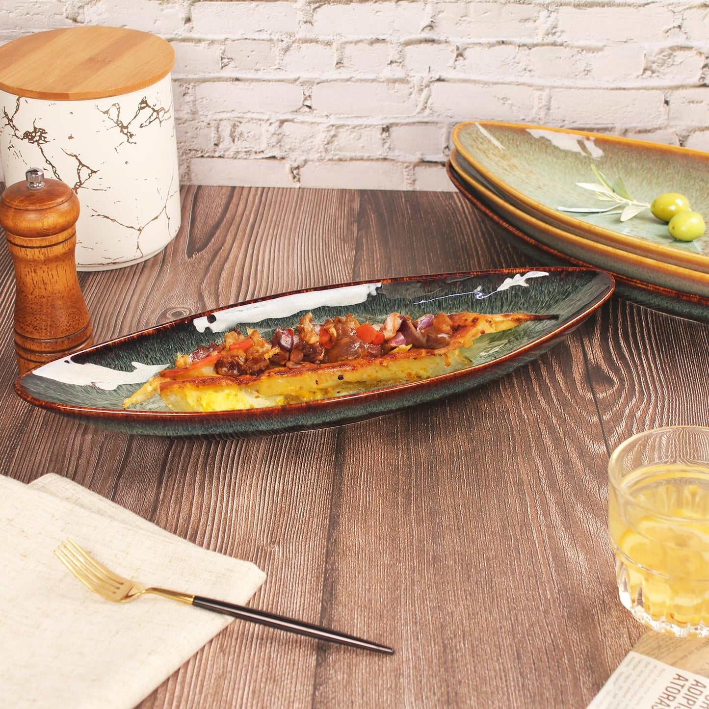 Serving Platter Olives Plate Large Serving Tray, Set of 4, for Entertaining, Porcelain Trays and Platters Sushi Salad Plates Serving Dinnerware Appetizer Serving Tray, Black reaction Glaze