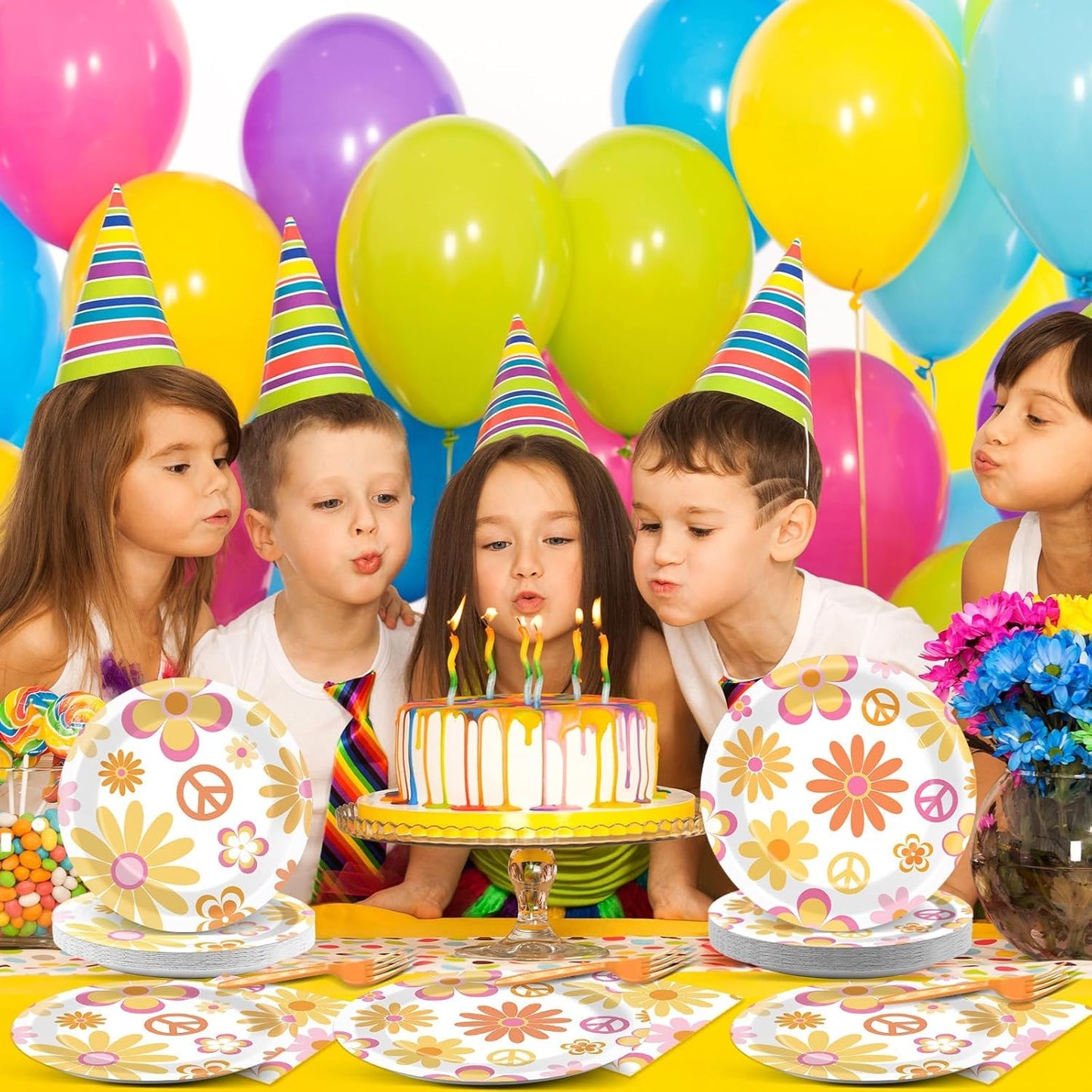 ZOIIWA 200 PCS Groovy Birthday Tableware Disposable Hippie Daisy Flower Plates Napkins Party Supplies 60s 70s Two Retro Boho Dinnerware Set Hippie Party Baby Shower Decoration Serve 50 guest