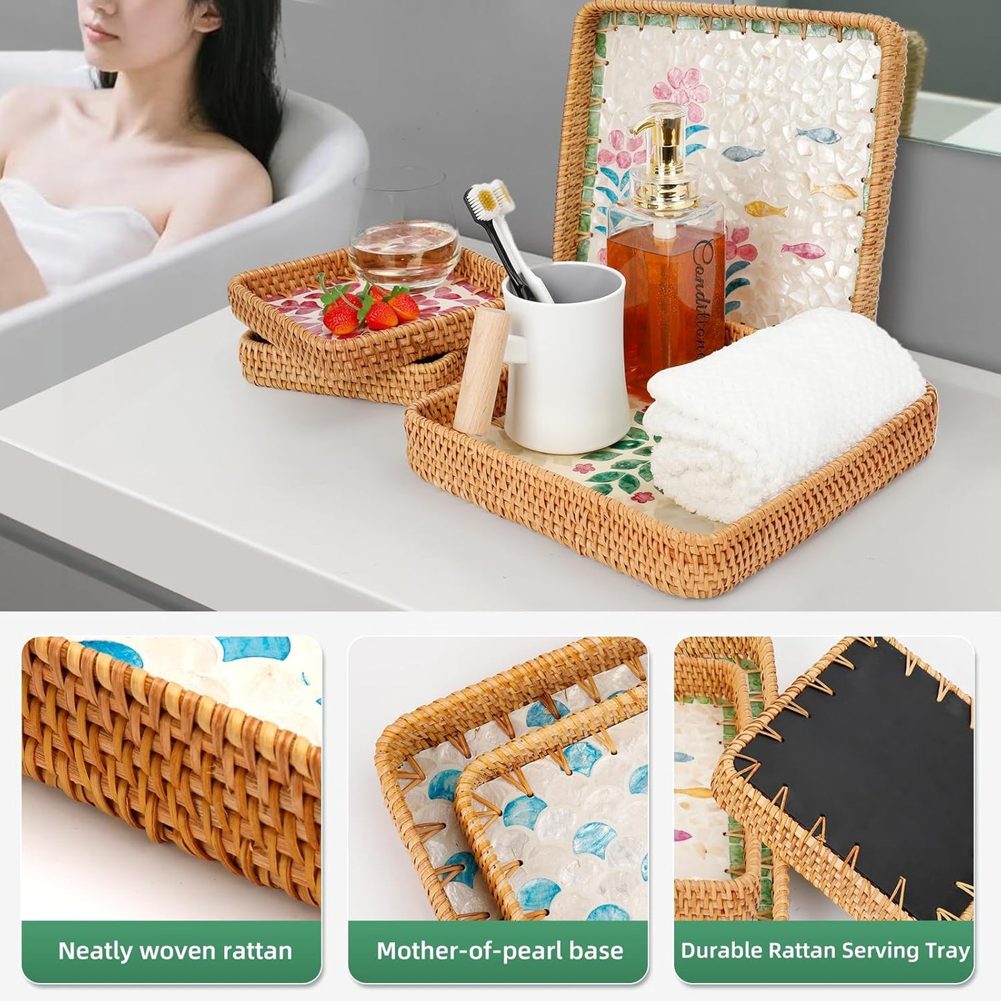 Rattan Tray with Mother of Pearl Inlay, Boho Coffee Table Decor, Decorative Serving Tray, Farmhouse Gift for Living Room & Bathroom