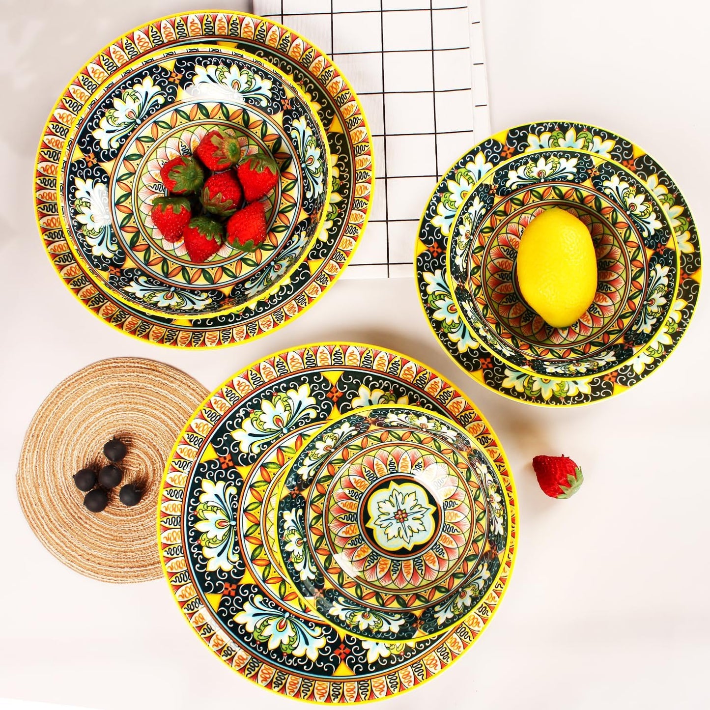 Mandala Dinnerware Sets, Plates and Bowls Set, Porcelain Dishes (16 Pieces) Service for 4, Zanzibar, Bohemian Style Dining Ware, for Kitchen and Dining Multicolor Dinnerware Set, Yellow