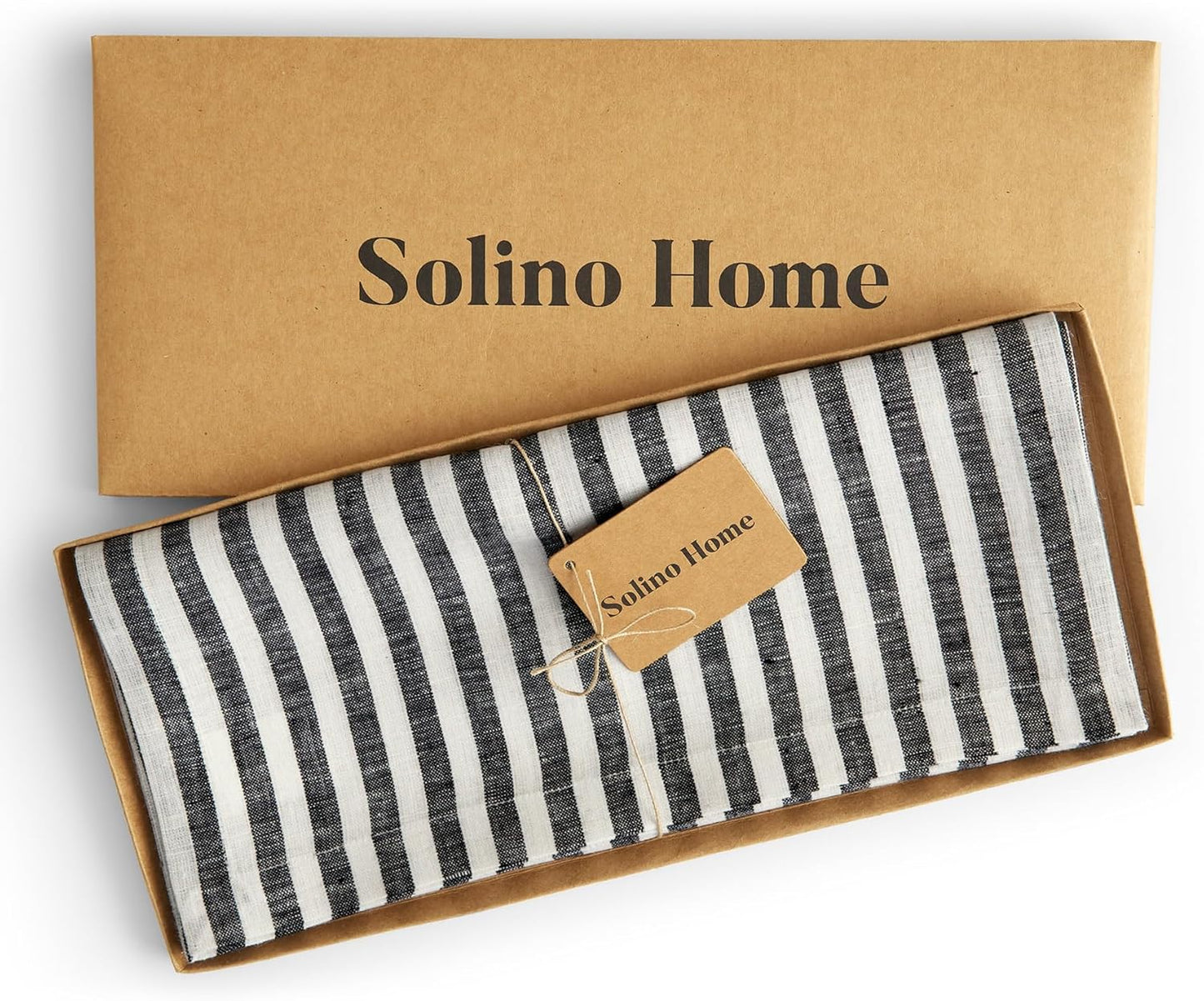 Solino Home Linen Table Runner 144 Inches Long - Amalfi Stripe, 100% Pure Linen Black and White Table Runner 14 x 144 Inch for Dining
