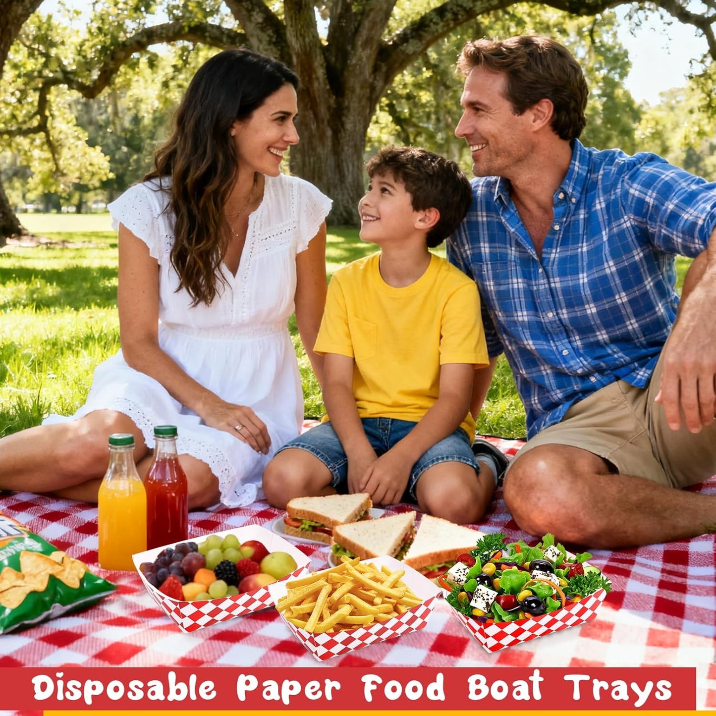 Blcculi 100 Pack Gingham Paper Food Trays,Disposable Paper Food Boat,Gingham Party Supplies,Snack Serving Trays for Nacho,French Fries,Popcorn,Hot Dog (Red + White)