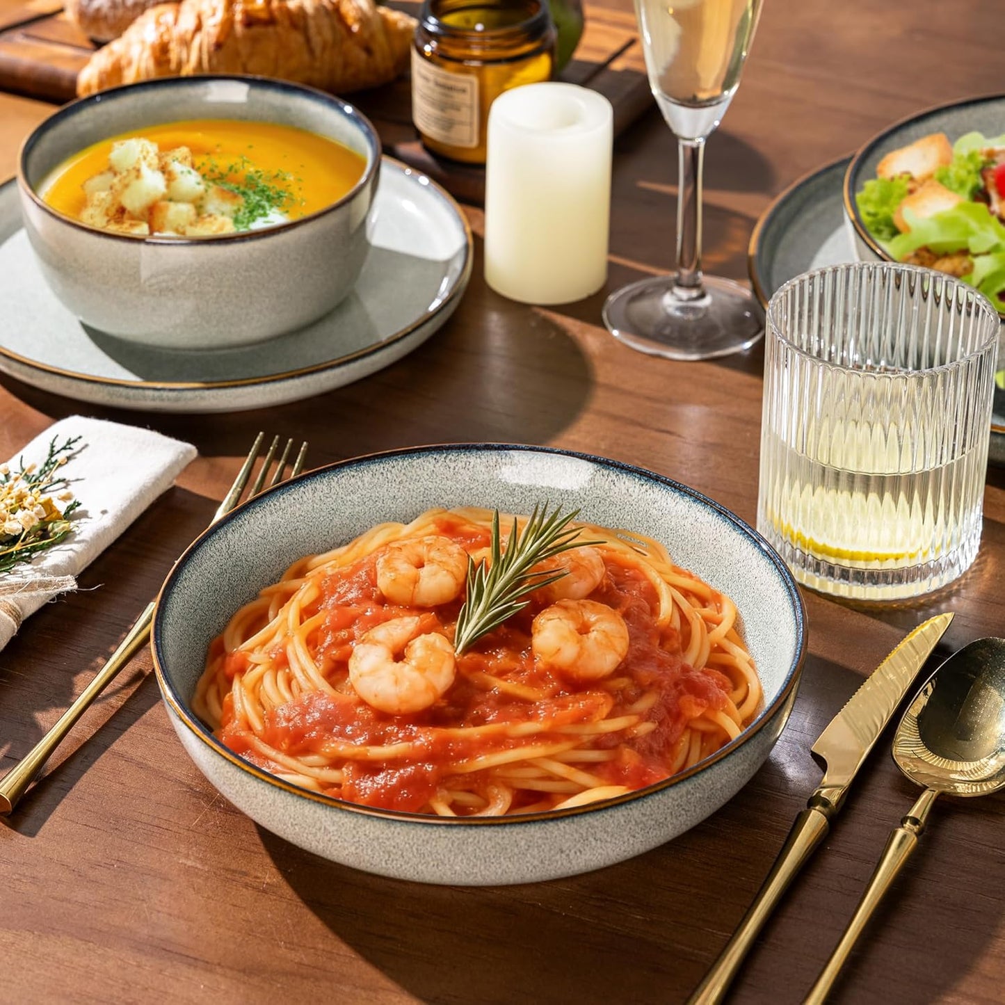 GBHOME 32 Pieces Double Bowls Ceramic Dinnerware Sets for 8, Stoneware Plates and Bowls Set with Reactive Glaze, Scratch Resistant Stoneware Dishes Set, Dishwasher & Microwave Safe