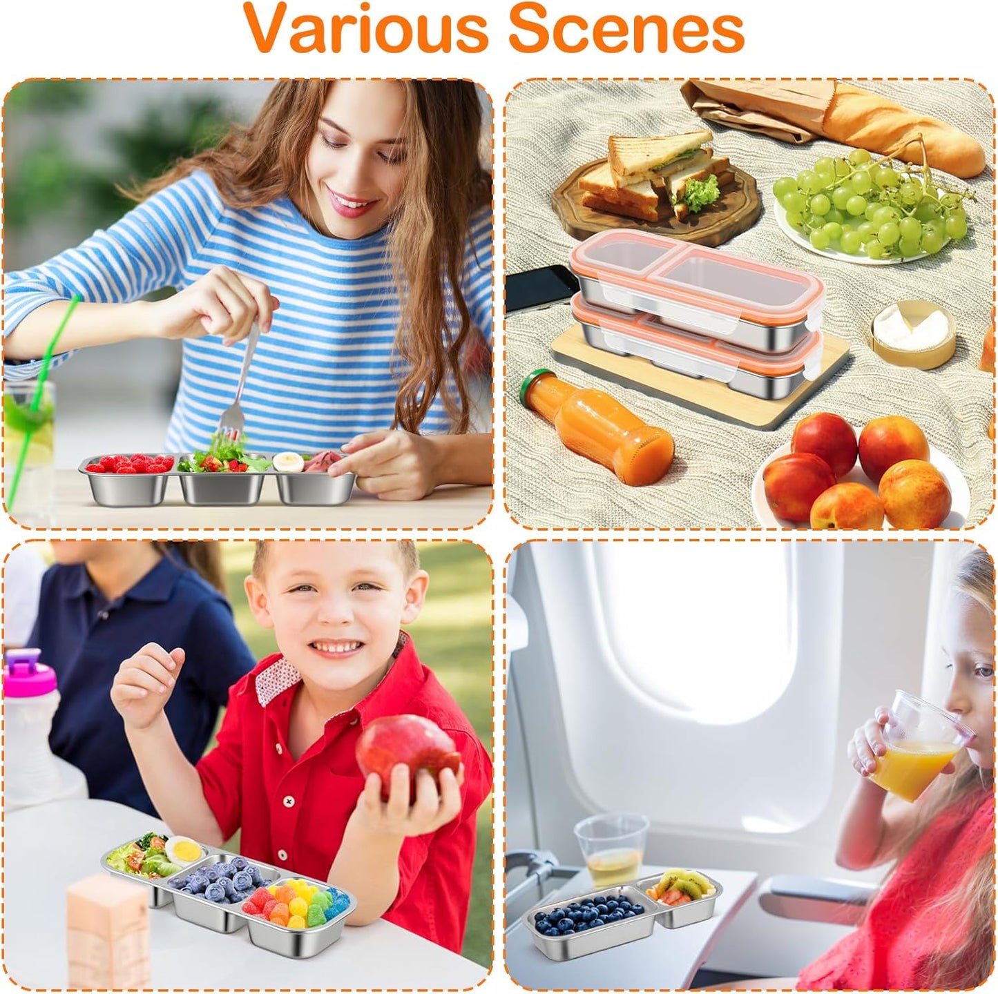 2 Pack Stainless Steel Snack Containers with Lids, Multiple Compartment Leak-Proof Metal Bento Lunch Box, Reusable Divided Food Storage for Work, Travel, Camping