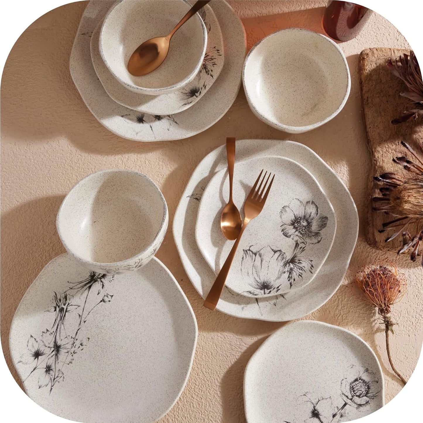 Corona Dinnerware Set 12– piece, Plates and Bowls Set, Ceramic Sets for 4, Microwave and Dishwasher Safe, Elea Floral Design