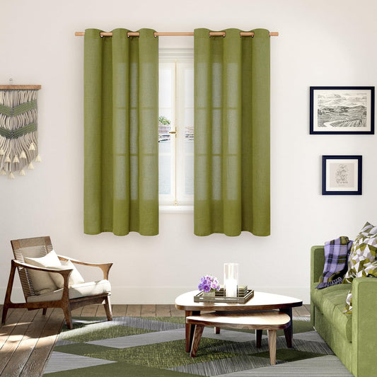 YoungsTex Olive Green Linen Curtains 63 Inches Length for Bedroom - Short Textured Light Filtering Window Drapes with Bronze Grommet Privacy for Living Room/Farmhouse, 2 Panels, 42 x 63 Inch