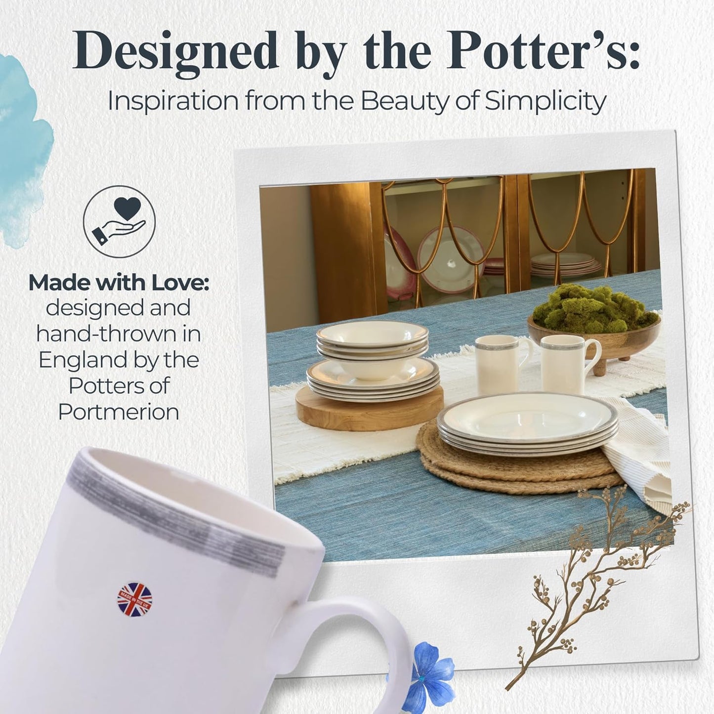 Portmeirion Potter's Brushstroke Coffee Mug (Set of 4) - 9oz White Ceramic Mugs with Grey Brushstroke Pattern - Microwave, Dishwasher, Freezer Safe Earthenware Mugs for Tea & Coffee Lovers (Grey)