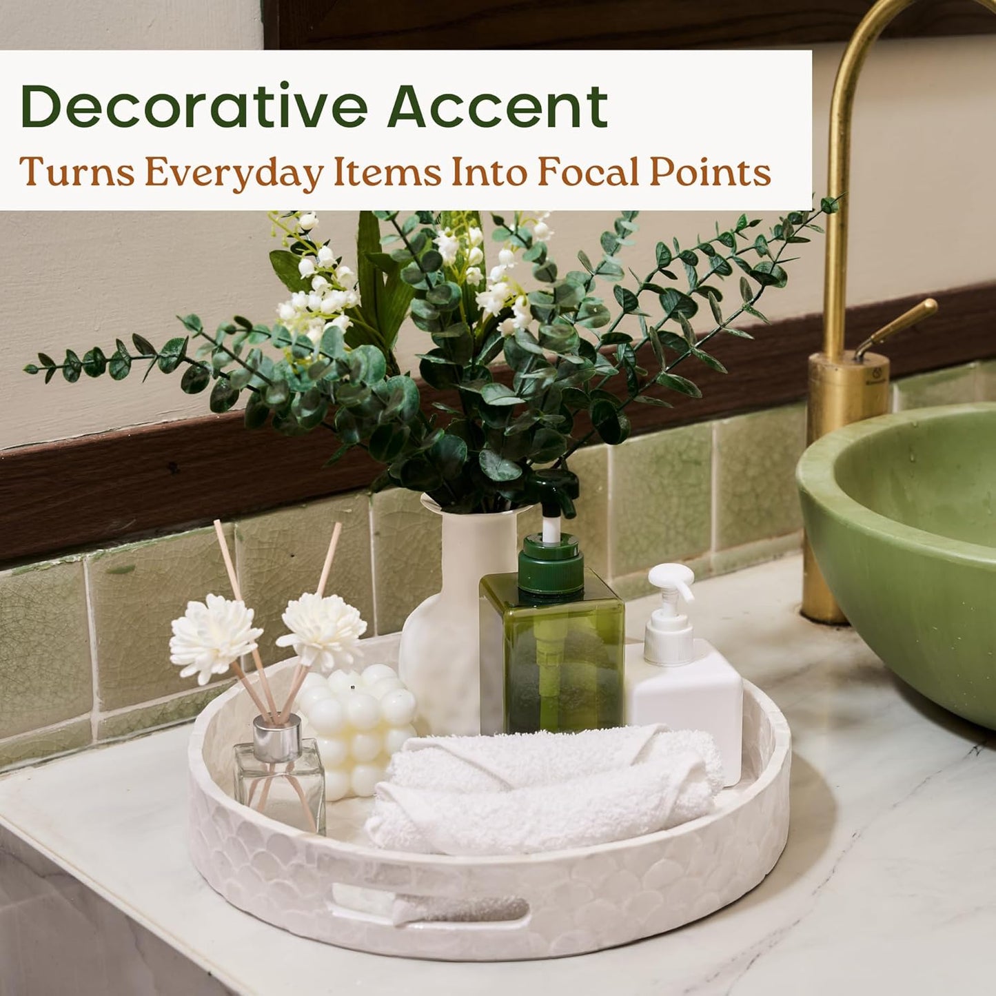 12.6 Inch Capiz Round Decorative Tray with Handles for Coffee Table, Vanity, or Ottoman, Elegant Capiz Mother of Pearl Serving Tray for Home Decor, Modern Coastal Boho Style, White