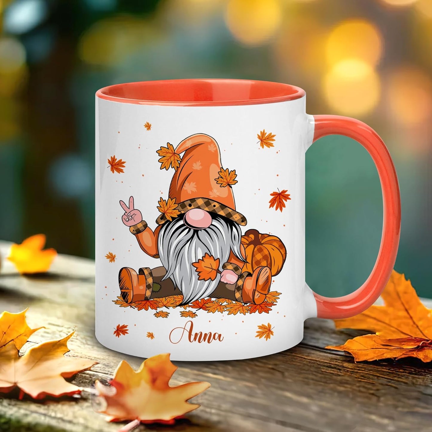Hyturtle Personalized Fall Gnome Mug - Autumn With Pumpkin Maple Leaf - Custom Name Coffee Cup Ceramic 11oz 15oz - Gifts for Women - Fall Thanksgiving Decor - Birthday