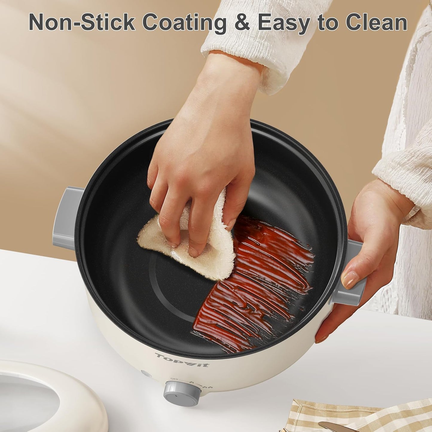 TOPWIT Electric Pot, 3L Hot Pot Electric, Rapid Noodles Cooker, Non-Stick Frying Pan, Multifunctional Electric Hot Pot for Steak, Egg, Ramen, Soup, Shabu Shabu Pot for Camping, RVs, Party, Beige