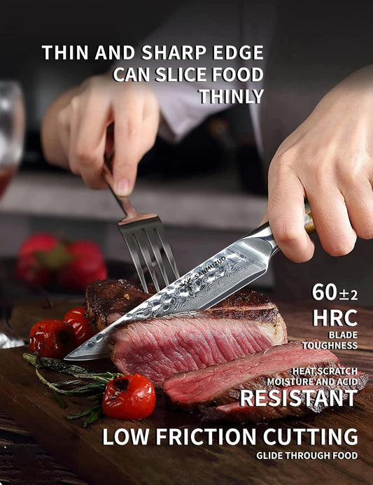 Steak Knives Set of 4, Ultra Sharp Kitchen Steak Knife 5 Inch - Forged Damascus Steel & Resin Handle - Yao Series
