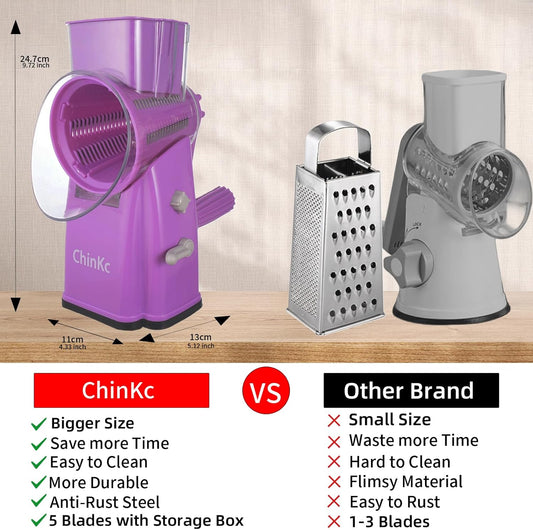Rotary Cheese Grater Shredder - Upgraded 5 in 1 Cheese Grater with Handle and Strong Suction Base, Multi-purpose Julienne Slicer Ice Shaver Nuts Grinder for Ice, Vegetables, Fruit, Nuts