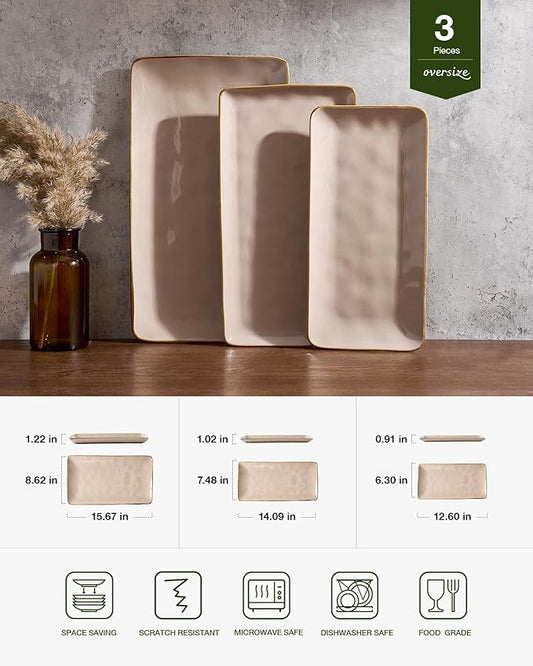 famiware Serving Platter, Rectangular 15.67/14.1/12.6 inch Serving Dishes for Entertaining, Microwave Dishwasher Safe, Stonware Serving Trays for Party, Turkey, Cheese, Ocean Series, Cinnamon Brown