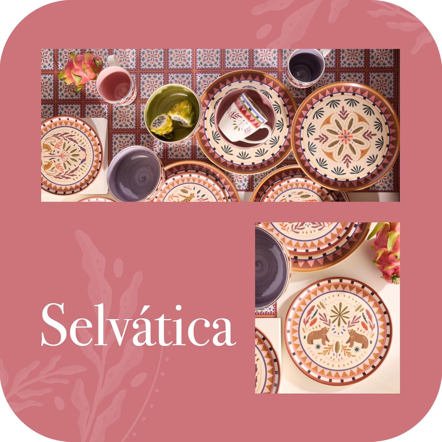 Corona 16–piece Colorful Wild Jungle Animals Inspired Ceramic Dinnerware Sets | Plates, Bowls and Mugs | Service For 4 | Selvatica