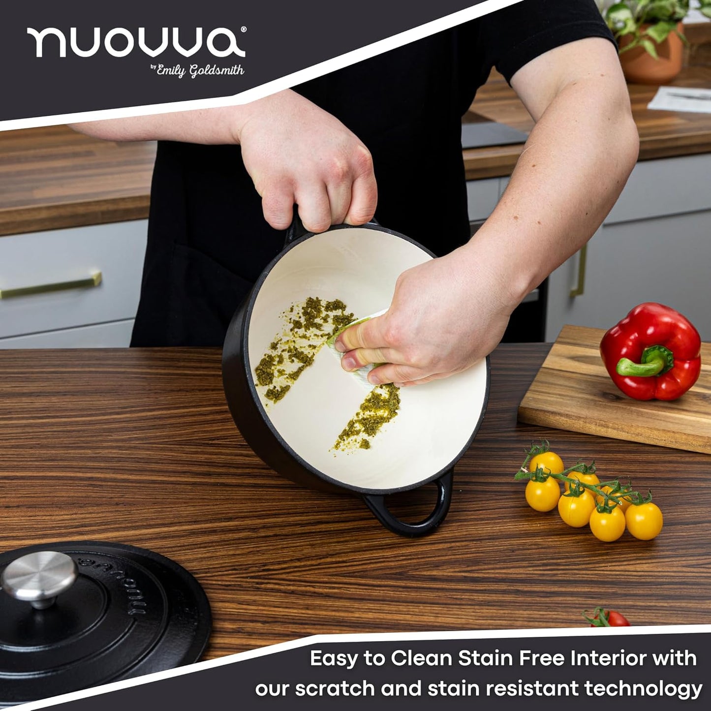 Cast Iron Pot with Lid – Non-Stick Ovenproof Enamelled Casserole Pot, Oven Safe up to 500° F – Sturdy Dutch Oven Cookware – Black, 5-Quart, 24cm – by Nuovva