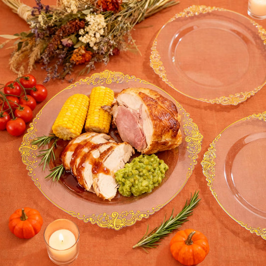 Hioasis 175pcs Clear and Gold Plastic Plates - Elegant Disposable Dinnerware Set Suitable for 25 Guests Include 10.25" Dinner & 7.5" Dessert Plates, Pre Rolled Silverware Set, Cups for Party & Wedding