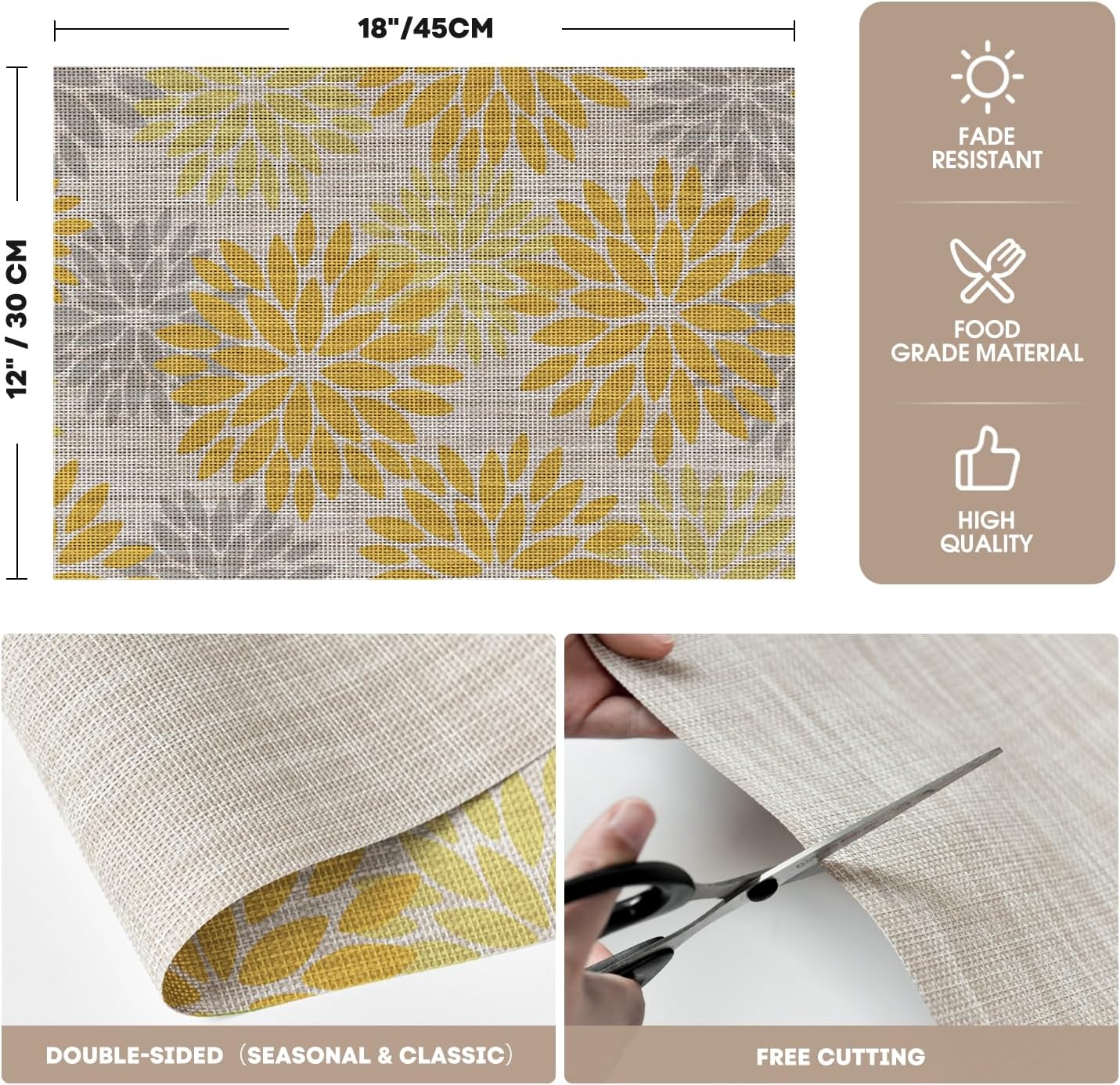 Artoid Mode Floral Plastic Placemats Set of 4, 12x18 Inch Washable Non-Slip Plastic Vinyl Place Mats for Party Kitchen Dining Decor, Yellow