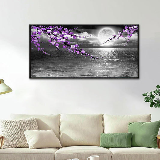 yiijeah Large Paintings for Living Room - Purple Wall Decor Plum Blossom Moon Ocean Canvas Picture Framed Artwork Black and White Seascape Wall Art Home Bedroom Decoration