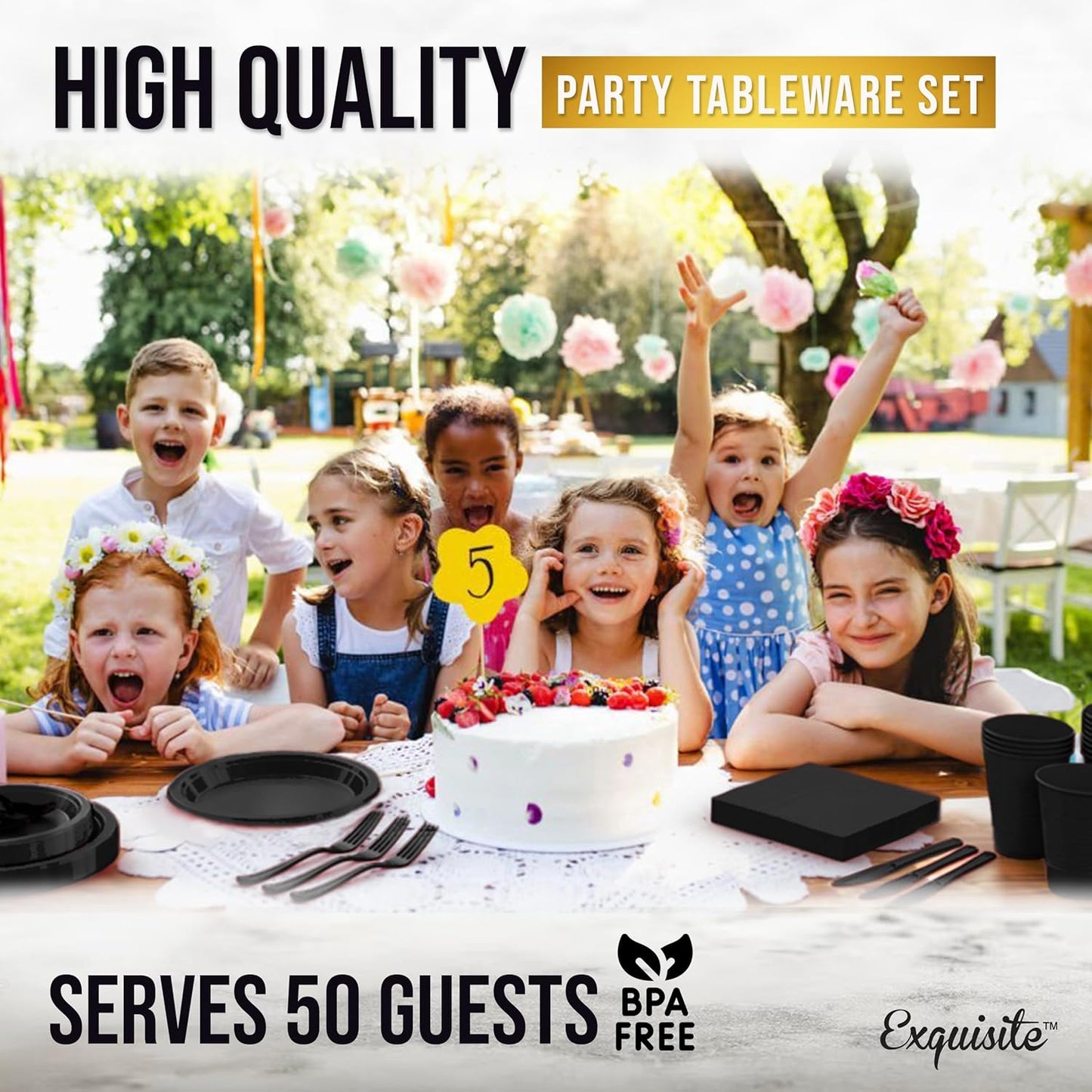 Party Solids 350 Pieces Black Plastic Plates For Party, Black Disposable Plates Set, 50 Of Each 9" Dinner Plate Set, 7" Dessert Plate, Cups, Napkins & Cutlery Plastic Dinnerware