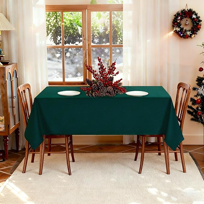 Fabric Green Christmas Rectangle Tablecloth, Faux Linen Textured Table Cloth for 6ft Rectangular Table, Water Resistant & Washable for Dinig Party Holiday Decoration, 60 x 84 Inch