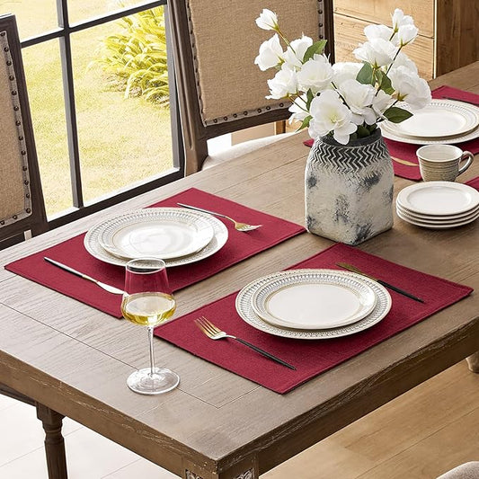 Romanstile Cloth Placemats Set of 6-12 x 18 Inch, Heat Resistant Double Layered Thickened Burlap Christmas Place Mats, Washable Faux Linen Farmhouse Table Mats for Kitchen/Dining/Party/Outdoor, Red