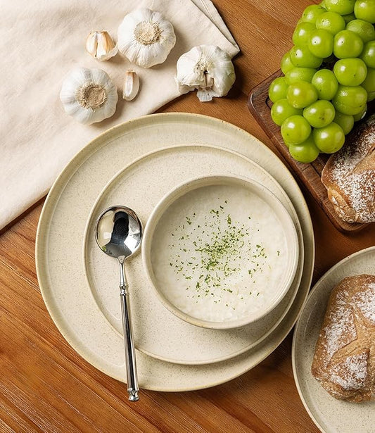 TheTerra Ceramic Dinnerware Sets for 4, 12 Pieces Handmade Reactive Glaze Plates and Bowls Set, Scratch Resistant Dish Set, Oven & Microwave & Dishwasher Safe, Cappuccino