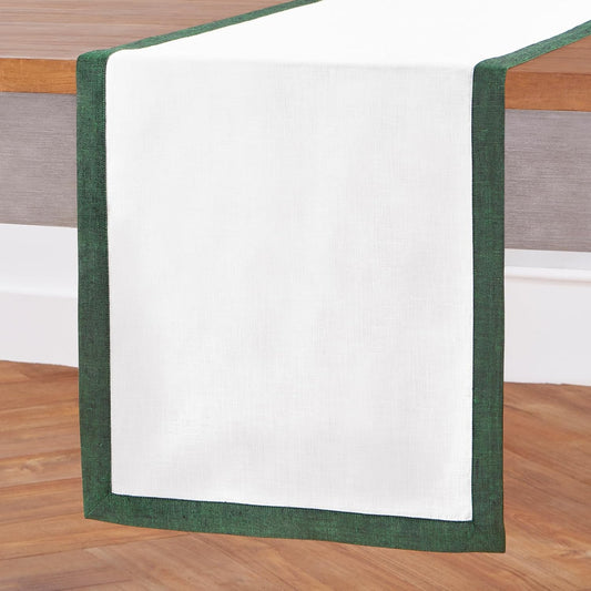 Solino Home Linen Table Runner 72 Inches Long - Forest Green and White 100% Pure Linen 14 x 72 Inch Table Runner for Dining, Dresser, Fall, Autumn, Halloween, Thanksgiving, Christmas - Classic