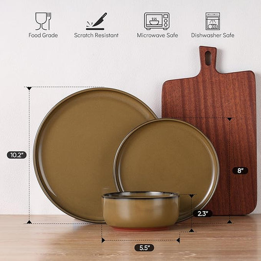 E-far Stoneware Dinnerware Sets for 4, 12 Pieces Reactive Glaze Plates and Bowls Sets, Elegant Dishes with Rustic Terracotta Base, Dishwasher & Microwave Safe, Scratch Resistant, Deep Camel