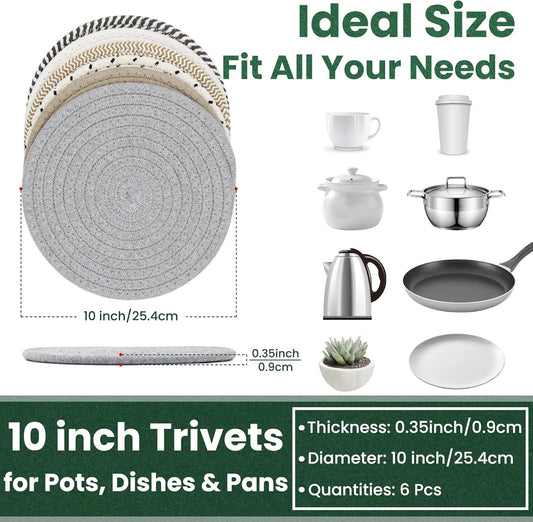 10 Inch Trivets for Hot Dishes, Hot Pots and Pans, Extra Large Thick Heat Resistant Large Coaster for Kitchen, Hot Pads, Kitchen Essentials, Pot Holders for Table & Countertop, 6 Pcs