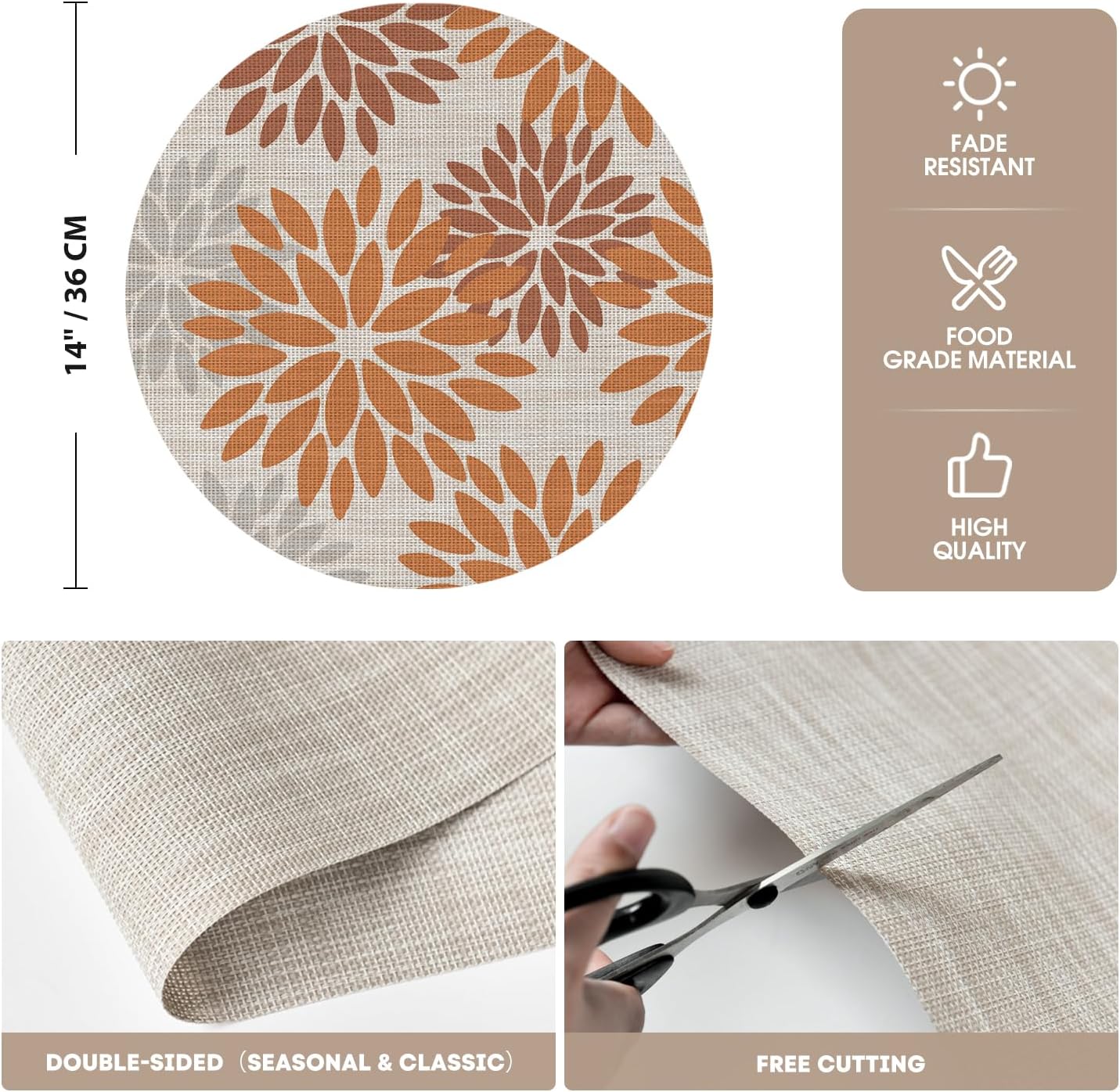 Artoid Mode Orange Dahlia Plastic Round Placemats Set of 4, 14 Inch Seasonal Wipeable Woven Vinyl Table Mats for Farmhouse Party Kitchen Dining Decor