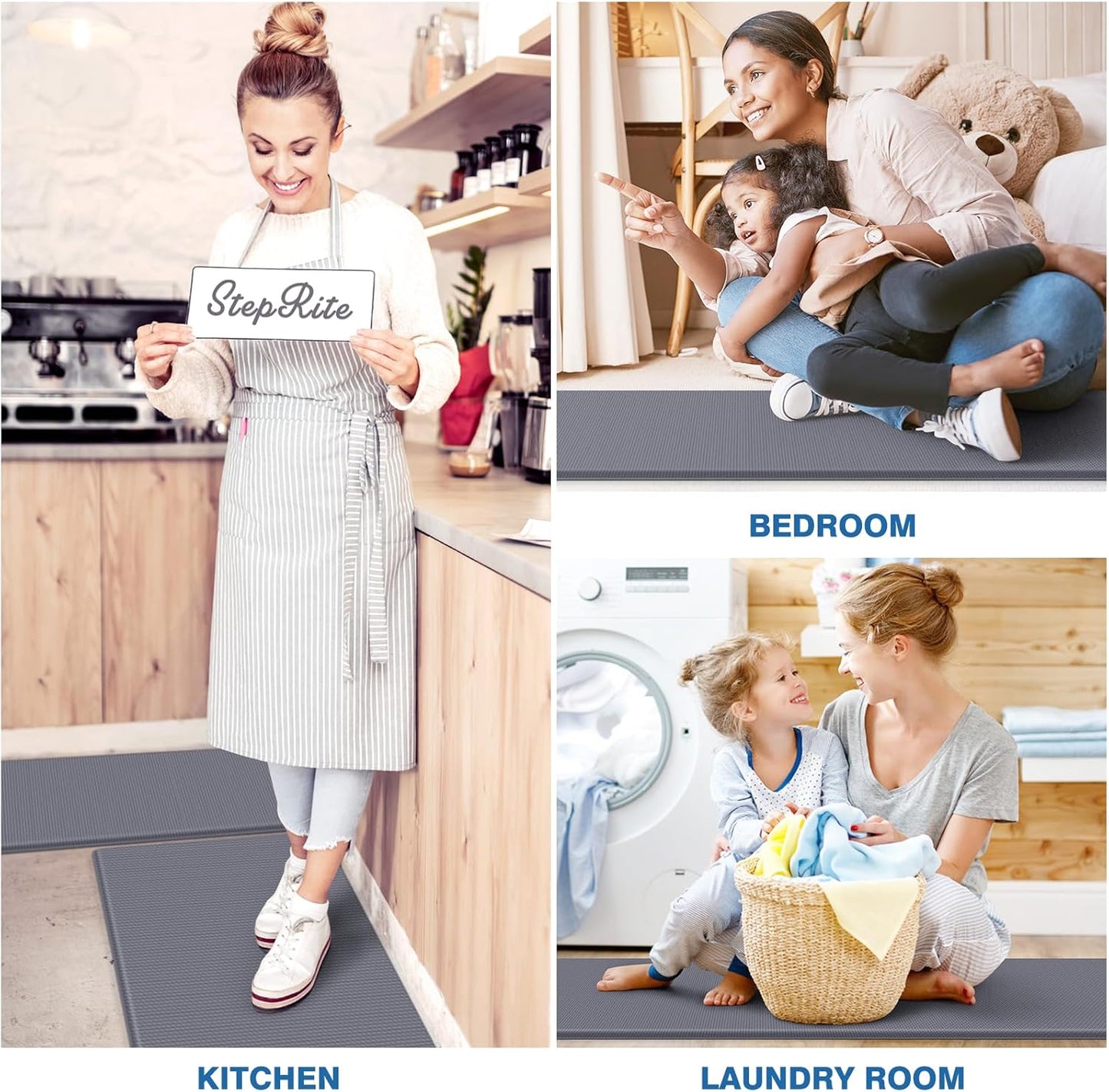 StepRite Kitchen Mats, 2PCS Kitchen Rugs, Cushioned Anti Fatigue Kitchen Mats for Floor, Non-Slip Standing Desk Mat, Waterproof Kitchen Rug Set for Kitchen, Floor, Office, 17.3"x30"+17.3"x47", Grey