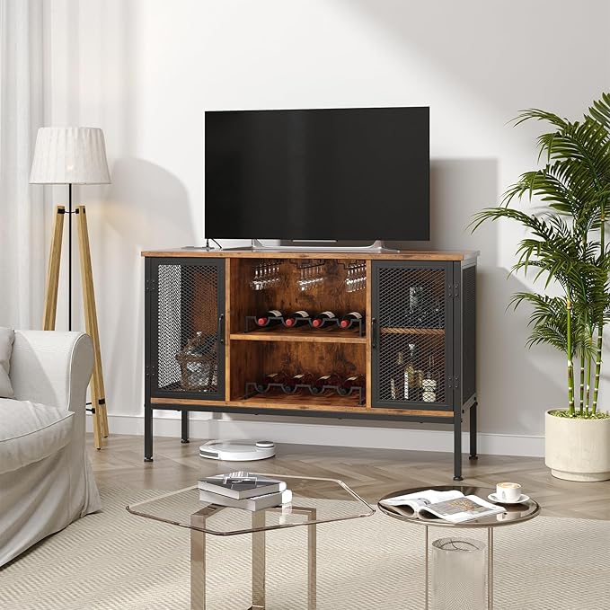 Upgraded Wine Bar Cabinet with Back Panel, Liquor Cabinet with LED Lights & Power Outlets, Adjustable Shelves, Glass Holders & Storage, Coffee Station for Kitchen/Home, Rustic Brown